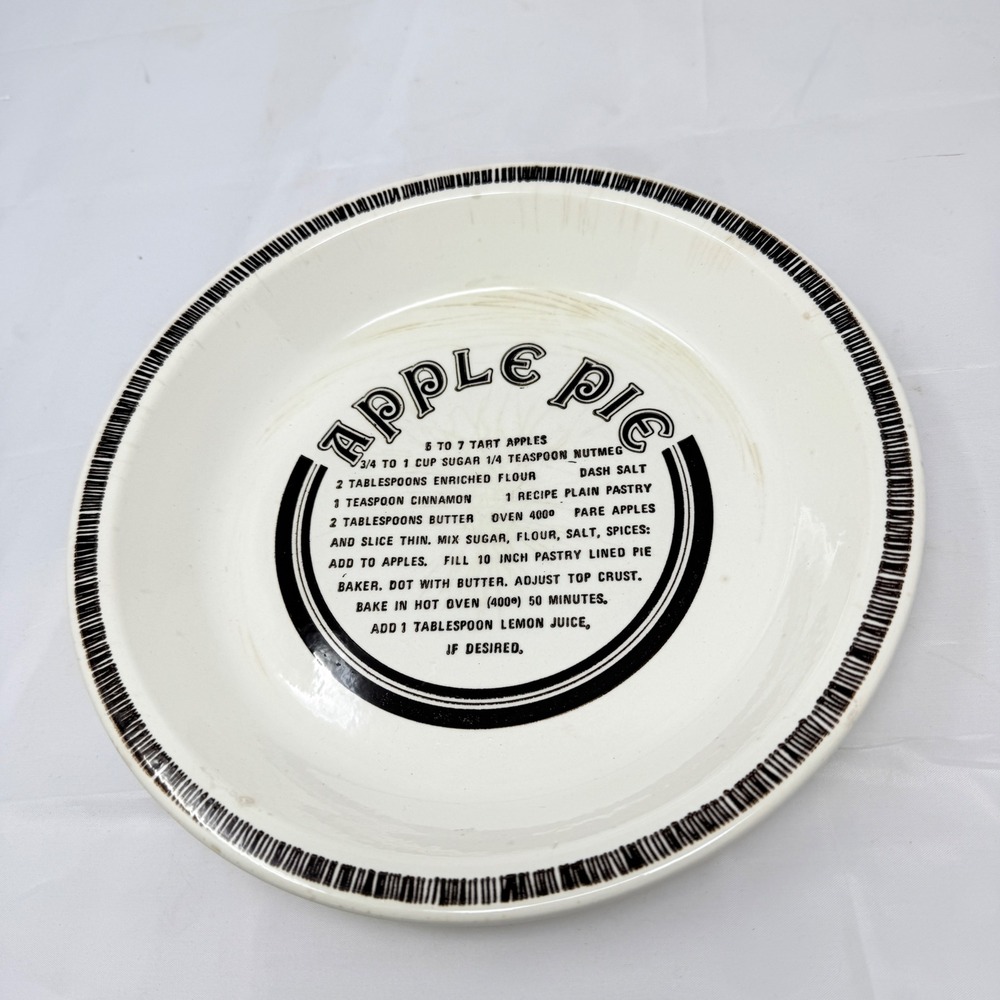 Vintage Ceramic Apple Pie Recipe Plate 10.5 Inch Farmhouse Black White Striped